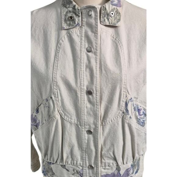 VTG 80s 70s Y2K City Limits Denim Jacket Beige w/Contrasting Floral Accents M - Picture 2 of 8